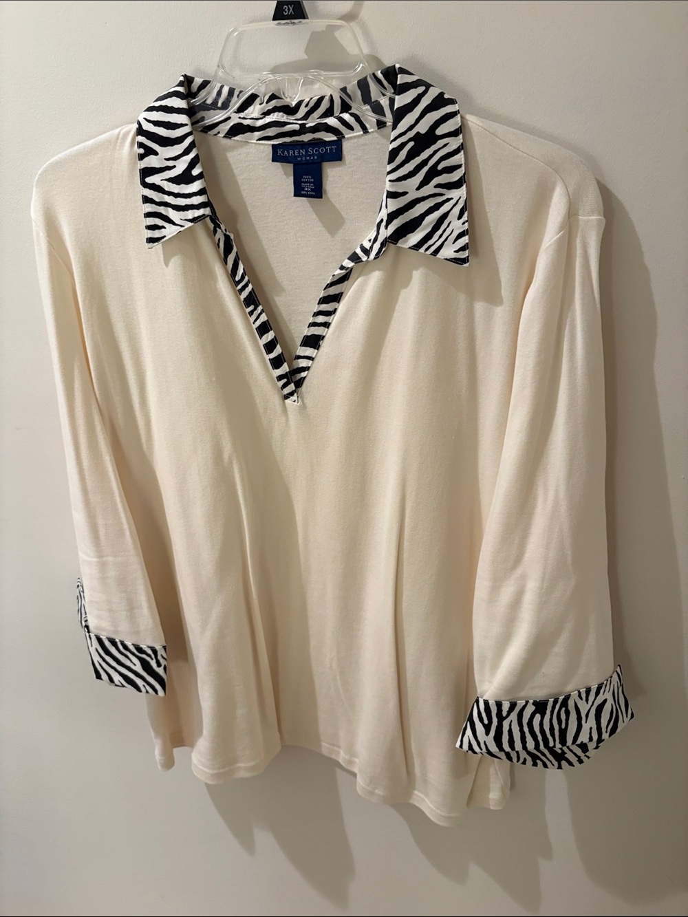 Karen Scott Cream Tunic Top with Black & White Zebra Trim